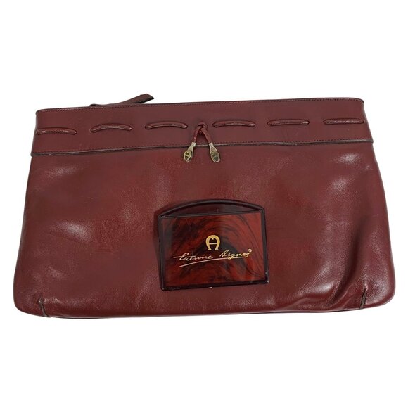 Vintage Etienne Aigner 70-80s Leather Hinged Tassel Clutch OxBlood Red w/ Mirror - Picture 1 of 13